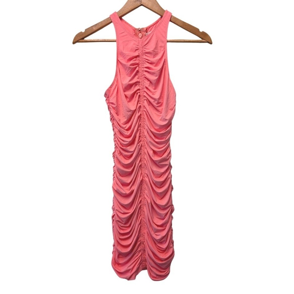 Hot & Delicious Coral Pink Ruched Racerback Bodycon Mini Dress HGD6436 Small NEW